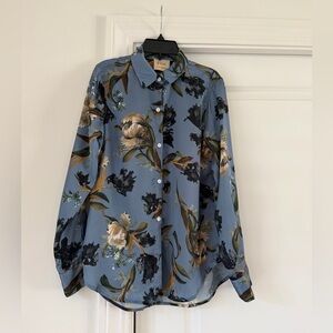 Elie. Elie Tahari Dusty Blue Floral  Blouse with Cream and Olive Accents
